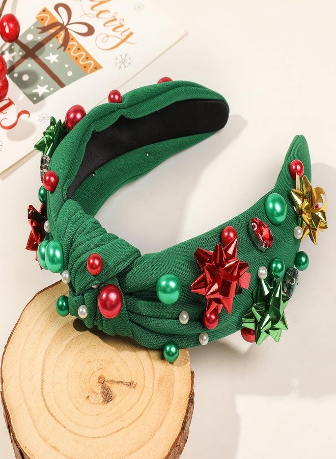 Krfapt Jeweled Plaid Headband with Embellished Crystals and Pearls - Knotted Wide Top Knot Hair Accessory for Women, Holiday Outfits & Gifts （Green） - Image 3